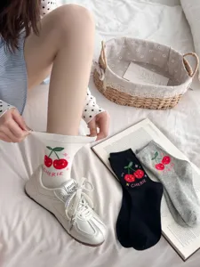 Cute cherry embroidered cotton mid-calf socks for women, stylish and soft casual daily wear.