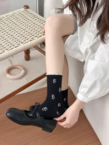 Women floral mid tube socks combed cotton cute bubble cuff black hosiery casual daily wear