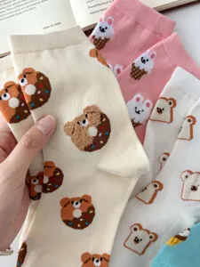Cute cartoon bear and donut cotton socks for women, warm mid-tube fashion daily wear.