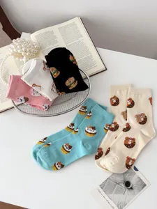 Cute cartoon bear donut cotton mid-tube socks autumn winter cozy casual hosiery for women