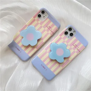 Checkered phone case with cute blue flower pop socket aesthetic pink yellow phone cover