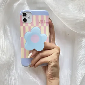 Korean style plaid phone case with cute blue flower pop socket gripper for daily use