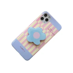 Korean ins style phone case with cute 3d flower pop socket pink plaid trendy cover
