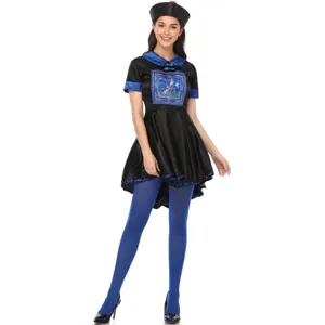 Halloween Chinese vampier cosplay kostuum voor vrouwen, zwarte jurk met blauwe rand en hoed.
