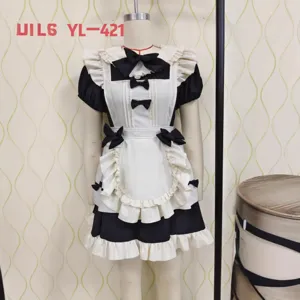 French Lolita maid dress black and white cosplay costume with cute bows and ruffles.