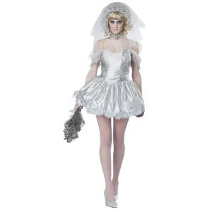 Halloween vampier bruid kostuum voor vrouwen, witte gothic jurk met sluier en bloemenboeket.