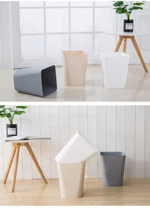 Detalle de papelera abierta de plástico simple, cubo de basura moderno para hogar, cesto.