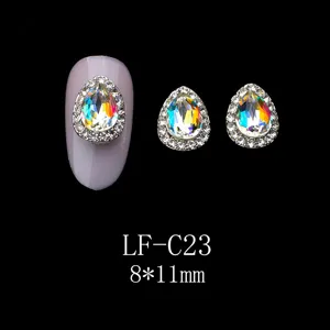 Detailed view of teardrop K9 AB glass nail rhinestones alloy crystal art charms 8x11mm LF-C23