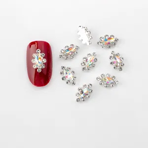 Detailed view of Japanese alloy navette crystal nail charms with AB rhinestones, size 6x10mm.