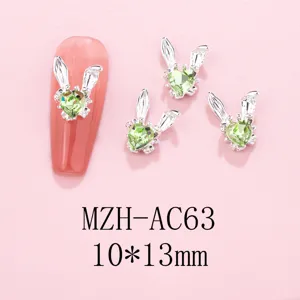 Ins style long-eared rabbit rhinestone nail art charms, alloy green heart crystal diy decor.