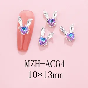 Cute long ear rabbit nail art charms with crystal heart rhinestones alloy DIY manicure decor 10x13mm