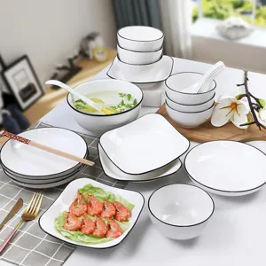 Jingdezhen Japanese Style Ceramic Bowl And Dish Set Nordic Minimalist Underglaze Black Rim Dinnerware For Home Kitchen