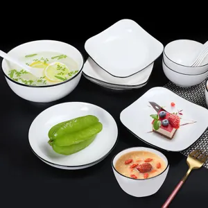 Ceramic dinnerware set Japanese style black rim bowls and plates for home kitchen use
