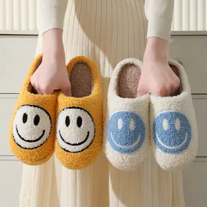 Fluffy winter cotton slippers for couples, cute smiley face design, thick sole indoor shoes.