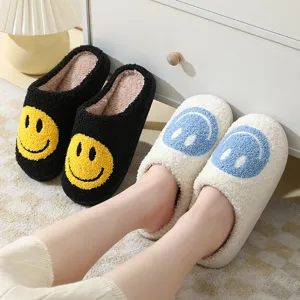 Winter warm plush slippers cute smiley face fluffy indoor anti slip thick bottom cotton shoes