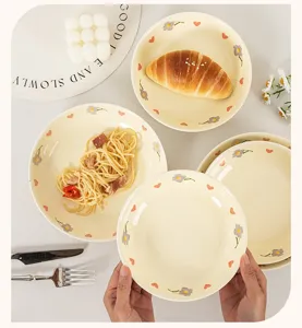 Cream style ceramic tableware plate set, cute floral and heart pattern detail display.