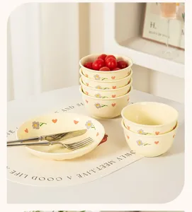 Detail shot of cream style ceramic rice bowl and plate set with cute floral patterns.