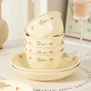 Cream style ceramic rice bowl and plate set, cute floral and heart pattern tableware for home use.