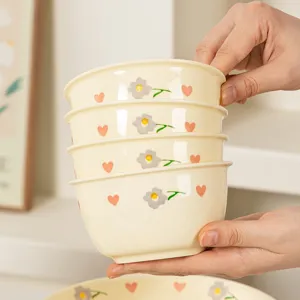 Cream style ceramic rice bowl set stackable cute underglaze flower pattern tableware for home kitchen