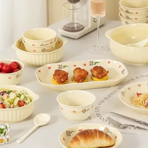 Cream style ceramic tableware set cute flower rice bowl and dinner plate for kitchen home use