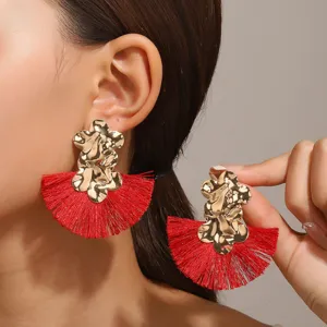 Boucles d'oreilles fleur en alliage et pompon rouge éventail pour femme, bijoux pendant.