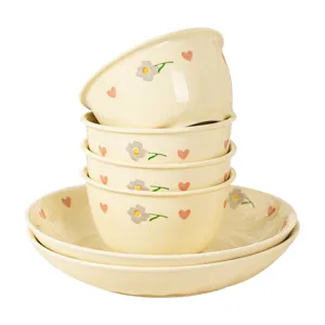 Creamy style ceramic rice bowl and plate set, cute floral and heart pattern tableware for home use.