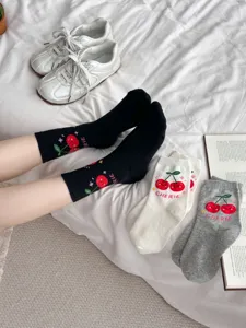 Cute cherry embroidered cotton mid-calf socks for women, cozy and stylish daily wear.