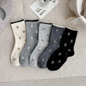 Women's Sweet Tulip Floral Combed Cotton Mid-Tube Socks Ruffle Cuff Casual Daily Wear Breathable Comfortable Hosiery