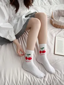 Cute cherry embroidered white cotton mid-calf socks for women, cozy casual hosiery detail.
