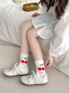 Cute cherry print mid-tube socks for women sweet cotton casual cozy hosiery style