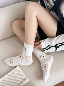 Cute cartoon bear print white cotton mid-calf socks for women, autumn winter details