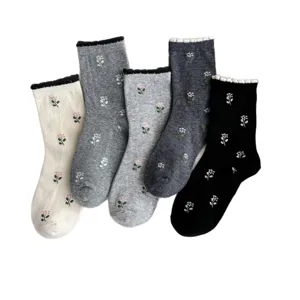 Women floral mid-calf socks combed cotton cute ruffle cuff casual daily wear multi-color set