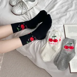 Cute cherry print combed cotton mid-tube socks for women casual daily wear autumn winter.