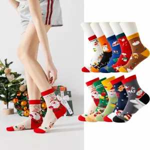 Women Christmas Cartoon Cotton Mid Tube Socks Cute Elk Snowman Winter Casual Couple Socks