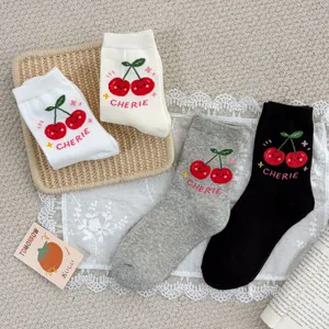Cute cherry combed cotton mid-tube socks for women autumn winter casual daily wear warm soft