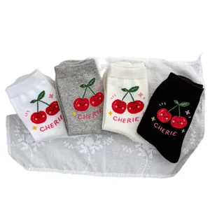 Cute cherry embroidered cotton mid-tube socks for women, soft casual daily wear 4-pack