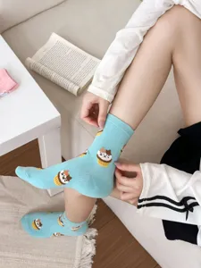 Women cute cartoon pattern mid-tube cotton socks cozy warm winter daily casual hosiery