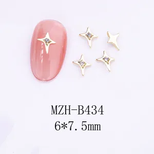 Breloques d'ongles étoile à quatre branches dorées avec strass, 6x7.5mm décoration de manucure.