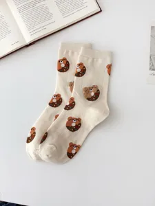 Cute bear donut pattern crew socks cream white sweet style casual cotton socks for women