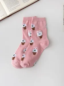 Cute pink women crew socks featuring adorable cartoon ice cream bear patterns for daily wear.