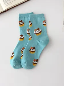 Women cute cat patterned mid-tube cotton socks casual comfortable breathable daily blue
