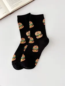 Cute cartoon bear black mid-calf socks for women, soft cotton casual daily wear hosiery