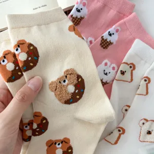 Cute cartoon bear and donut printed cotton mid-tube socks for women autumn and winter