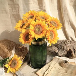Artificial sunflower bouquet in green glass vase rustic home decor floral arrangement prop table