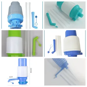Manual bottled water pump dispenser with extension tubes and dust cap for home use.