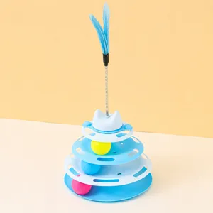 Multi-tier cat toy track ball with feather spring wand interactive pet entertainment toy