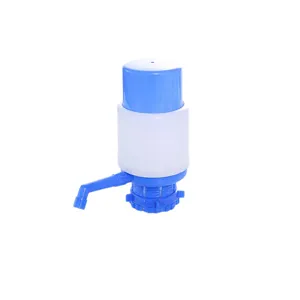 Manual bottled water pump, blue and white plastic hand press dispenser for household use.