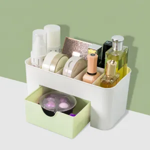 Plastic makeup organizer desktop storage box with drawer for daily cosmetics and jewelry.