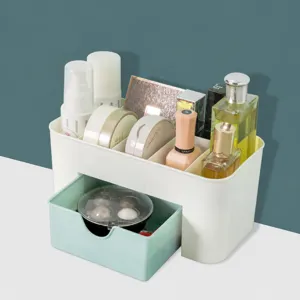 Plastic desktop cosmetic organizer with drawer, multi-compartment makeup storage display.