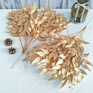 Artificial golden willow leaves branches, silk plant for wedding party home decor.
